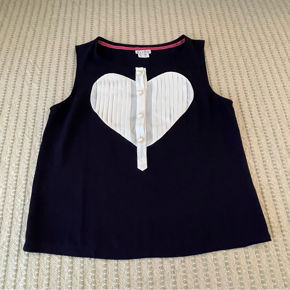 Kling - Navy Sleeveless Top with White Heart - Size: Medium